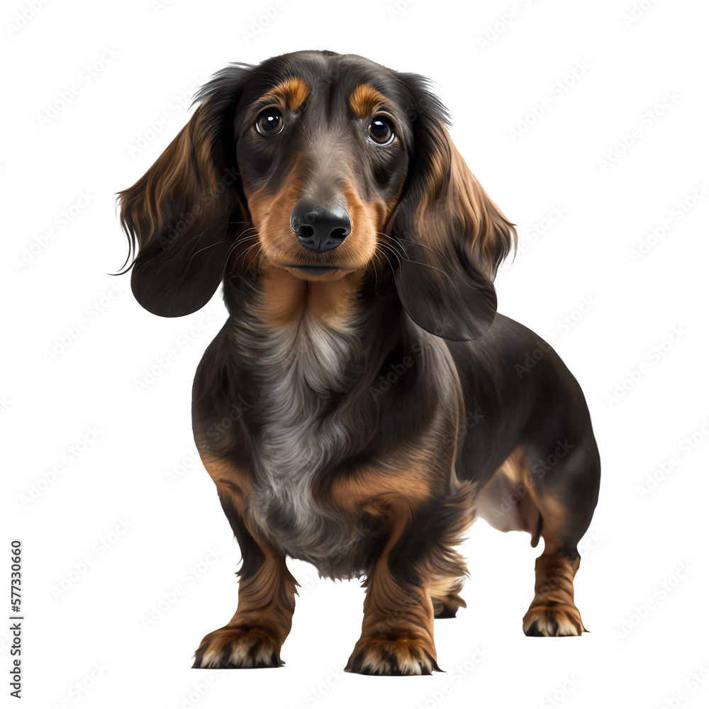 Isolated black Dachshund standing in front of the camera, ready to play. Generative AI.