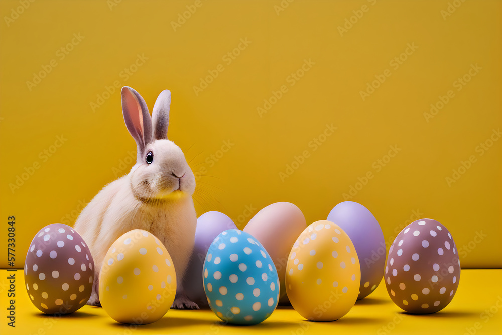 Easter bunny rabbit with colorful painted eggs on a yellow background. Easter holiday concept. Generative AI.