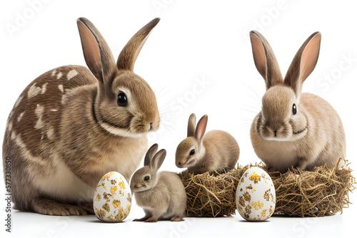 Cute family of Easter rabbits and babies bunnies on a white background. Easter holiday concept. Generative AI.