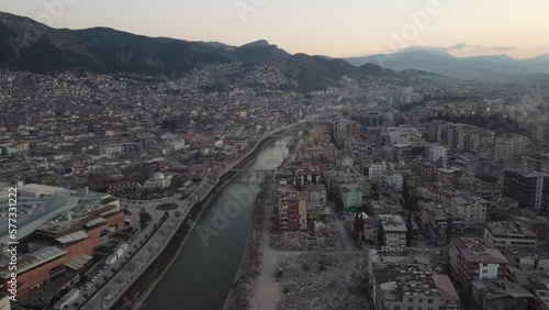 Hatay Antakya center city drone view, areas affected by the earthquake, buildings damaged and destroyed by the earthquake, tent cities of earthquake victims, Turkiye Earthquake photo