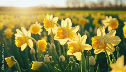 Beautiful Daffodil, Narcissus In the field  on a bright Spring sunny day. Call For spring- Spring its here Generative AI
