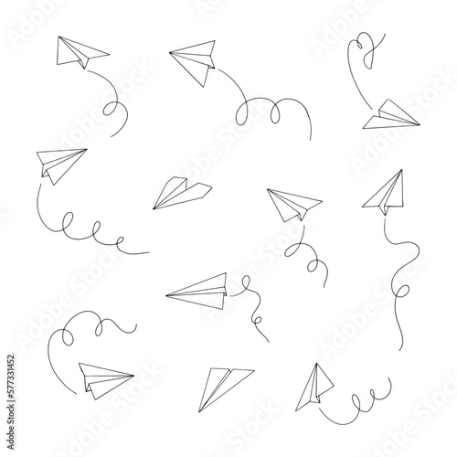 Vector paper airplane set. Icon symbol of travel and route. isolated on white background.