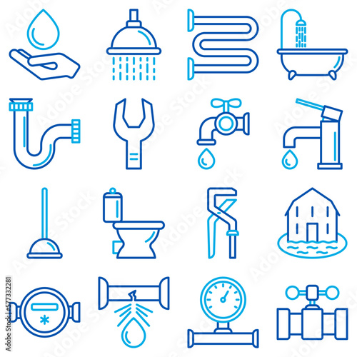 Plumbing thin line icons set of bathtub, toilet, shower, pipe, wrench, drop, leakage, water meter, plunger, faucet. Modern vector illustration.