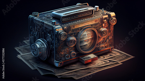 Vintage radio and money on a black background. 3d illustration