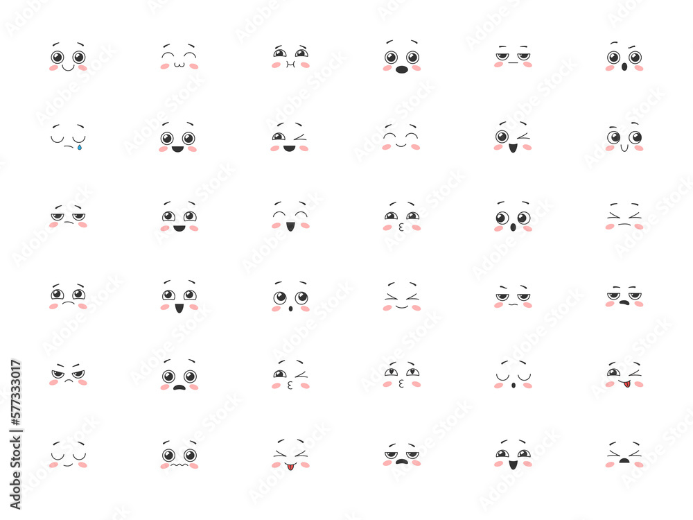 Naklejka premium Set of cute kawaii cartoon clouds with faces. Emoji collection. Illustration on transparent background