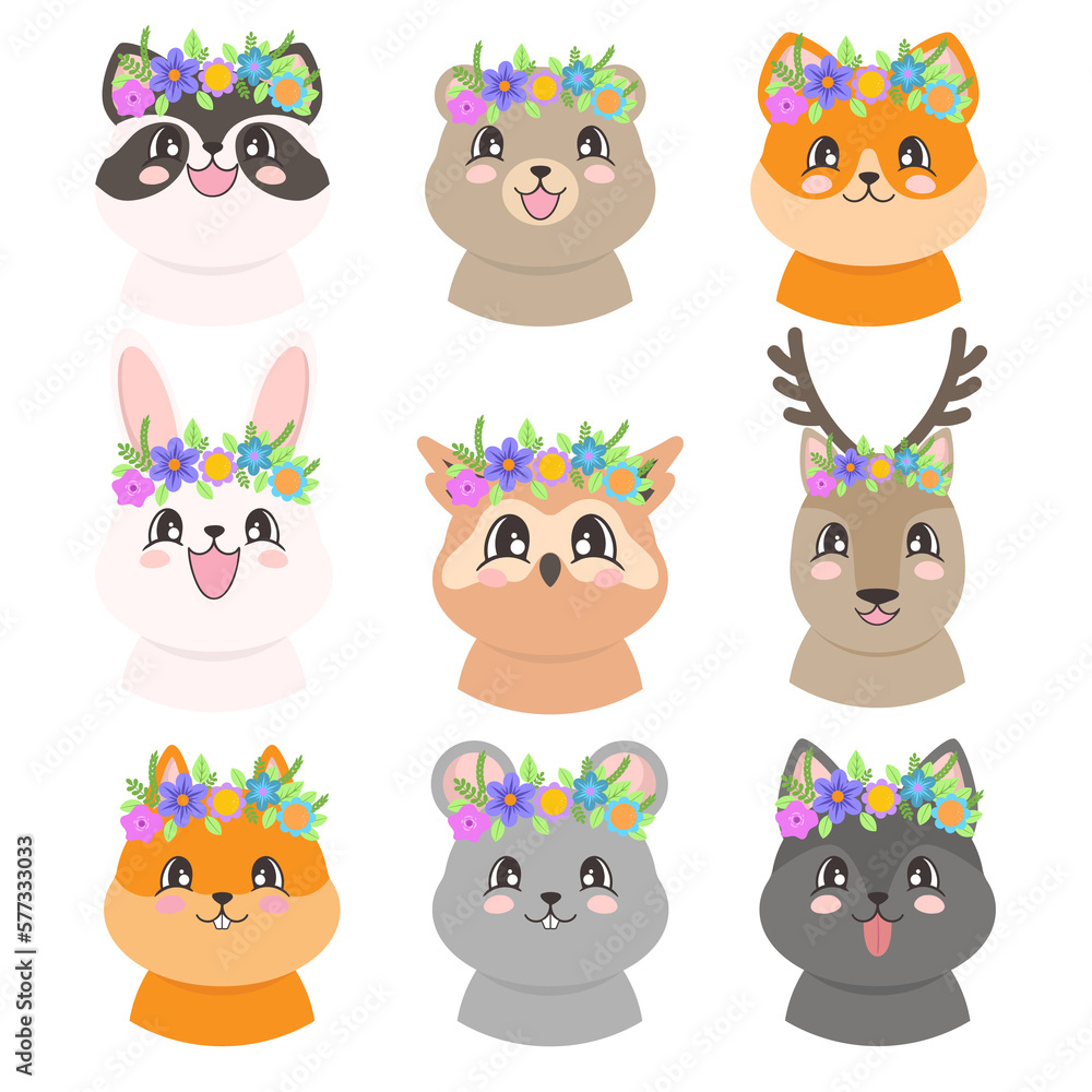 Naklejka premium Portraits of cute animals with wreaths of flowers in cartoon style. Rabbit, deer, owl, racoon, bear, wolf, mouse, squirrel and fox. Illustration on transparent background