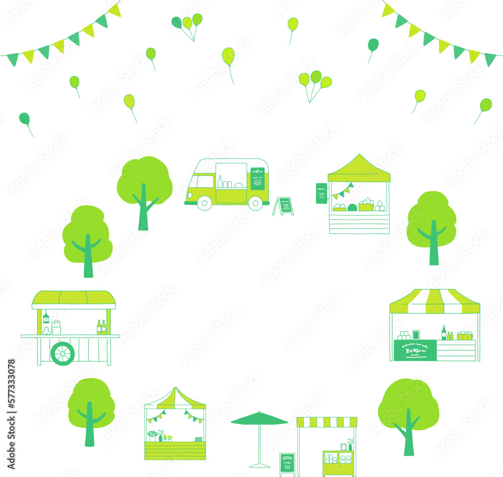 緑の木々とマルシェの屋台のフレーム　イラストアイコン