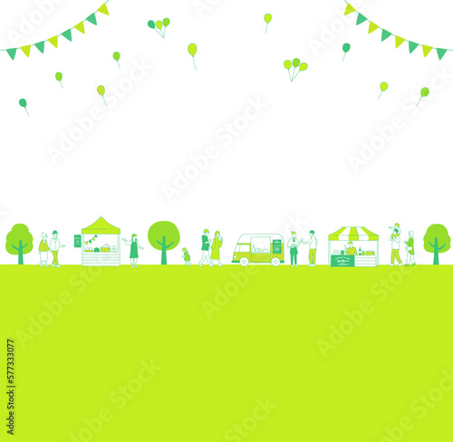 Canvastavla 緑の木々とマルシェで賑わう人々の背景素材　風景