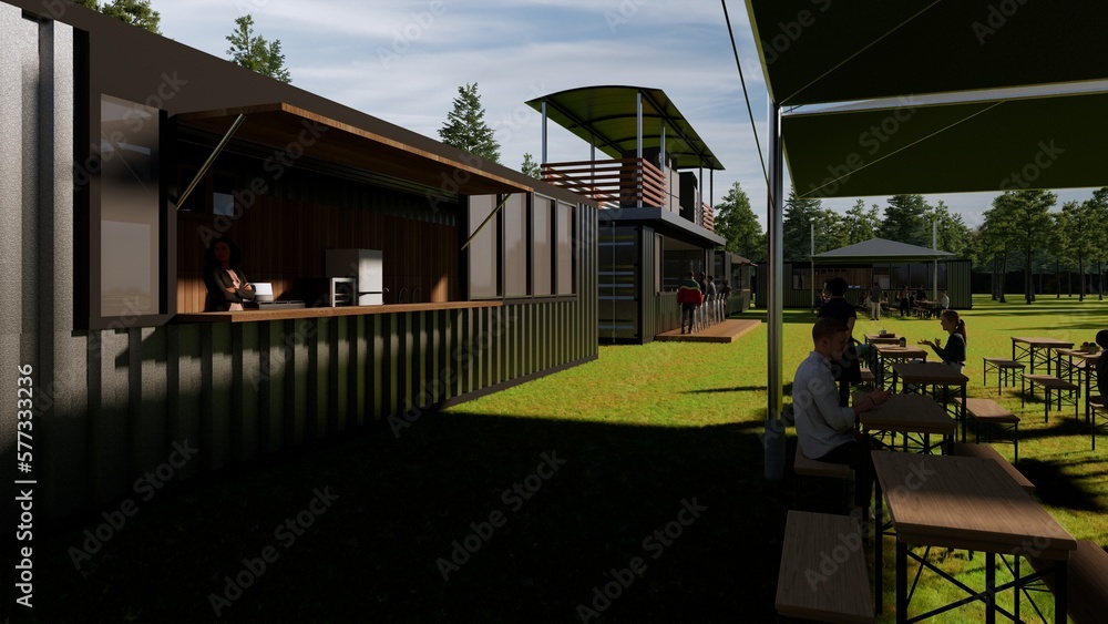 container cafe bar 40 feet 2 floors - illustration minimalist , cafetaria, kiosk, stall, restaurant, coffee shop, food court,  and bar  design  3d realistic rendering architecture on the grass