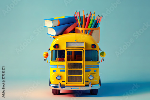Back to school with school supplies and equipment school bus. Generative Ai