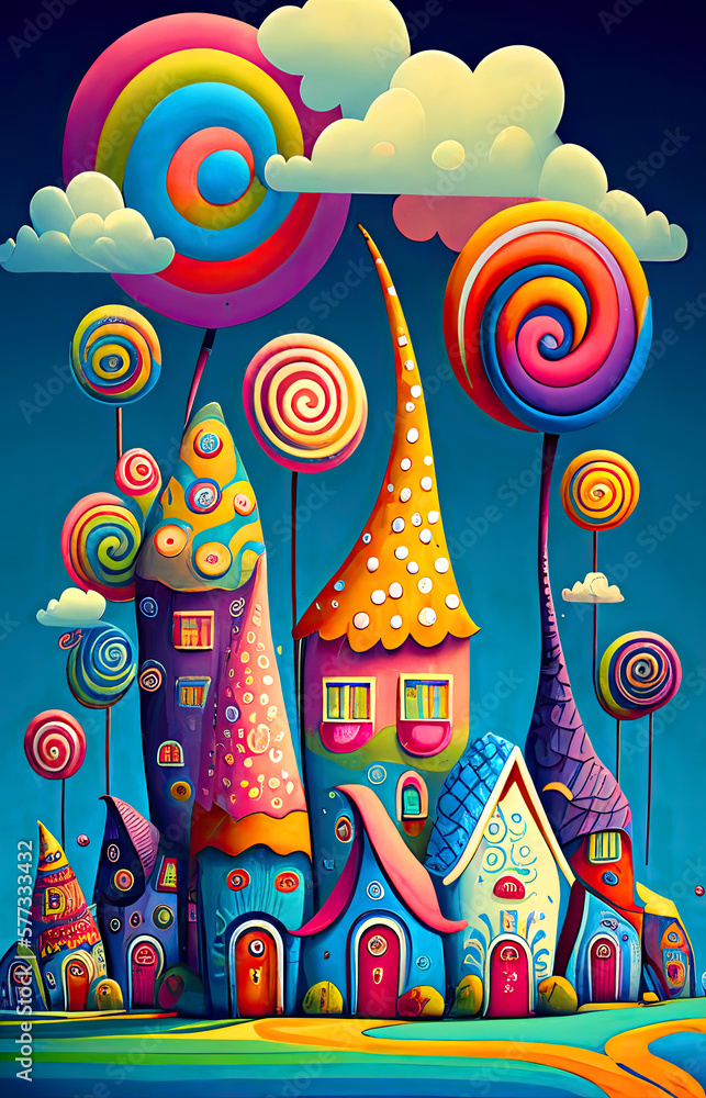 cover for kids book, lollipop country village made of whimsical houses. ai generative cover for kids book, lollipop country village made of whimsical houses. ai generative