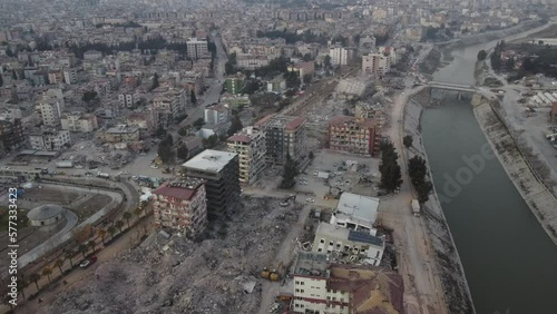 Hatay Antakya center city drone view, areas affected by the earthquake, buildings damaged and destroyed by the earthquake, tent cities of earthquake victims, Turkiye Earthquake photo