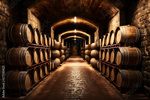 Fotografie Old Wooden barrels with wine in a wine vault cellar