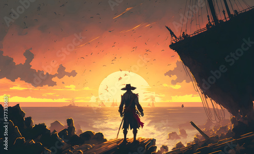 the pirate with a sword standing on ruins of boat and looking at golden treasures at sunset, digital art style, illustration painting, Generative AI