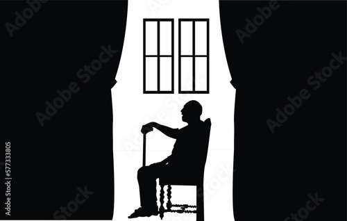 Silhouette of an old man sitting on a chair on white background, vector illustration