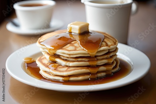 Delicious pancakes topped with honey. Perfect meal for the breakfast. Generative AI © Gelpi