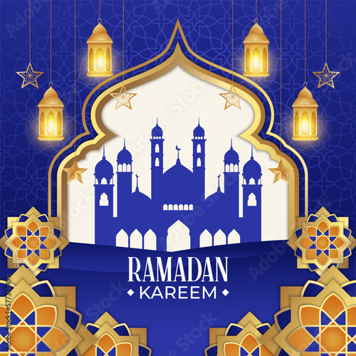 Modern luxurious ramadan kareem Islamic background greeting with lantern, metal moon and mosque portal