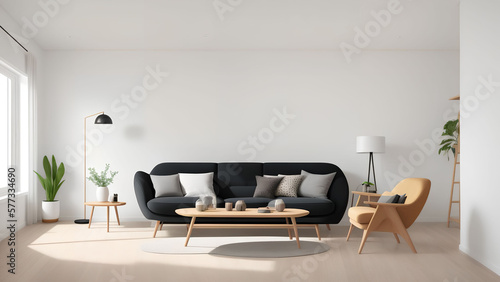 minimal clean interior design of living room with sofa, generative art by A.I.