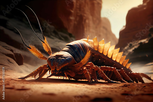 Fototapete Giant centipede crawling on rock in canyon - Generative AI