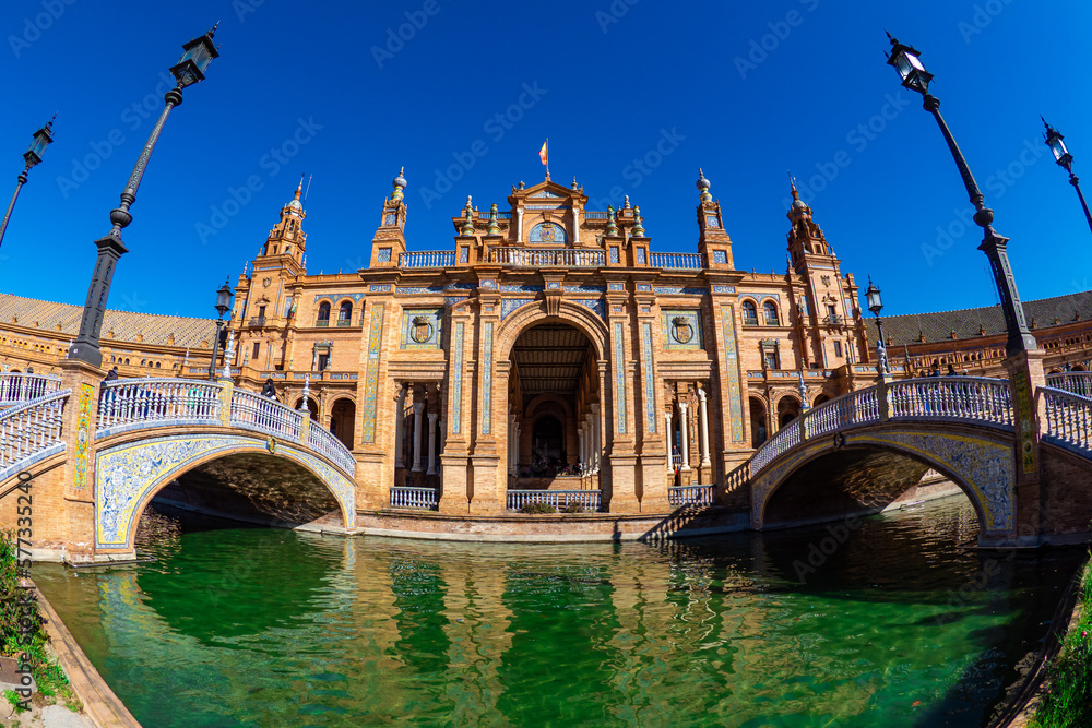 Wide angle view of the Plaza de España in Seville during summertime