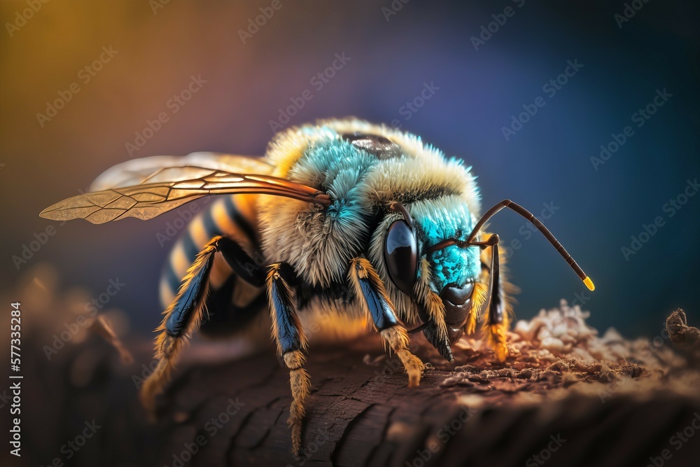Macro photography of a beautiful bee with stunning detail; this picture is a marvel of modern AI generation. - obrazy, fototapety, plakaty 