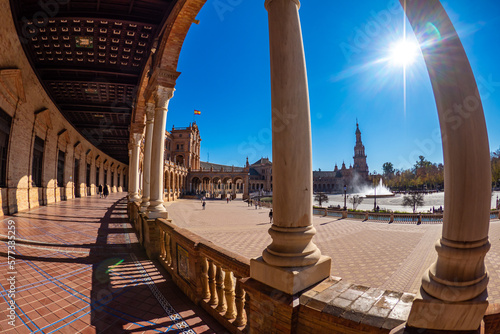 Wide angle view of the Plaza de Espa  a in Seville during summertime