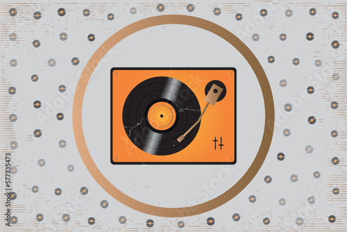 Find the perfect sound - abstract retro vinyl record player on background made by little vinyl records