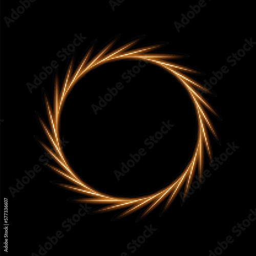 Solar eclipse with gold fiery flashes on edge vector illustration. Abstract golden circle frame of sun, planet or star with sparkles and energy flare, globe with glow light effect of shiny corona