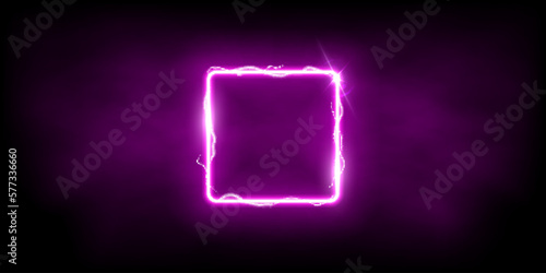 Magic purple square of thunder storm blue lightnings. Magic and bright light effects electric border. Plasma frame with thunderbolt electricity lightning power effect on dark fog background