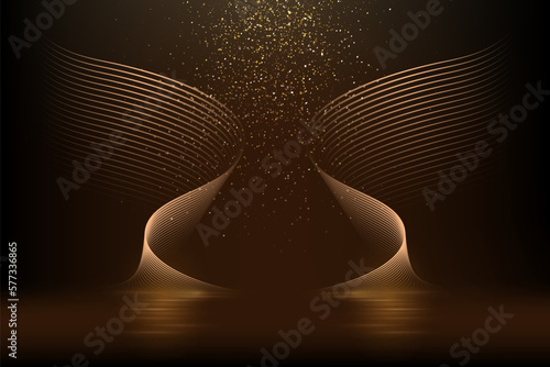 Gold light wings with glowing on black background. Yellow neon bright flare lines shining with mirror reflection on water vector illustration. Motion flow effects with blur