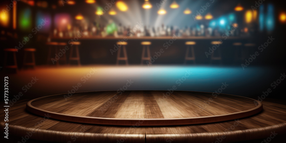 Table en bois avec arrière-plan flou un bar dansant avec lumières et comptoir. Table pour la présentation d'un produit. Bannière pour la présentation d'un bar à cocktail
