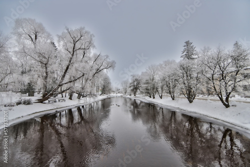 Winter river promenade in the town of Rapla in Estonia