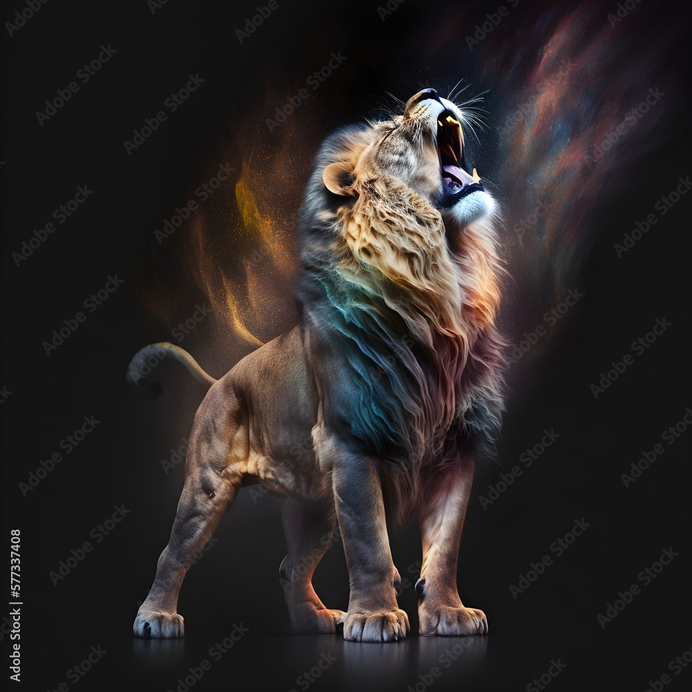 Lion's Roar: A Majestic Display of Power and Dominance in a Dark and Ethereal Setting Stock 