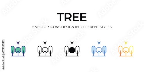 tree Icon Design in Five style with Editable Stroke. Line, Solid, Flat Line, Duo Tone Color, and Color Gradient Line. Suitable for Web Page, Mobile App, UI, UX and GUI design.