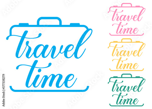 Logo viajar en vacaciones. Letras de la palabra travel time en texto manuscrito con forma de maleta con líneas