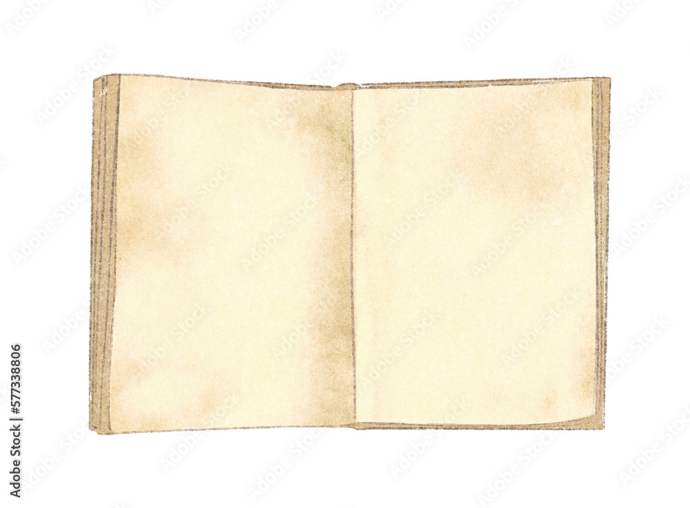 Watercolor vintage old open book with blank pages isolated on white ...