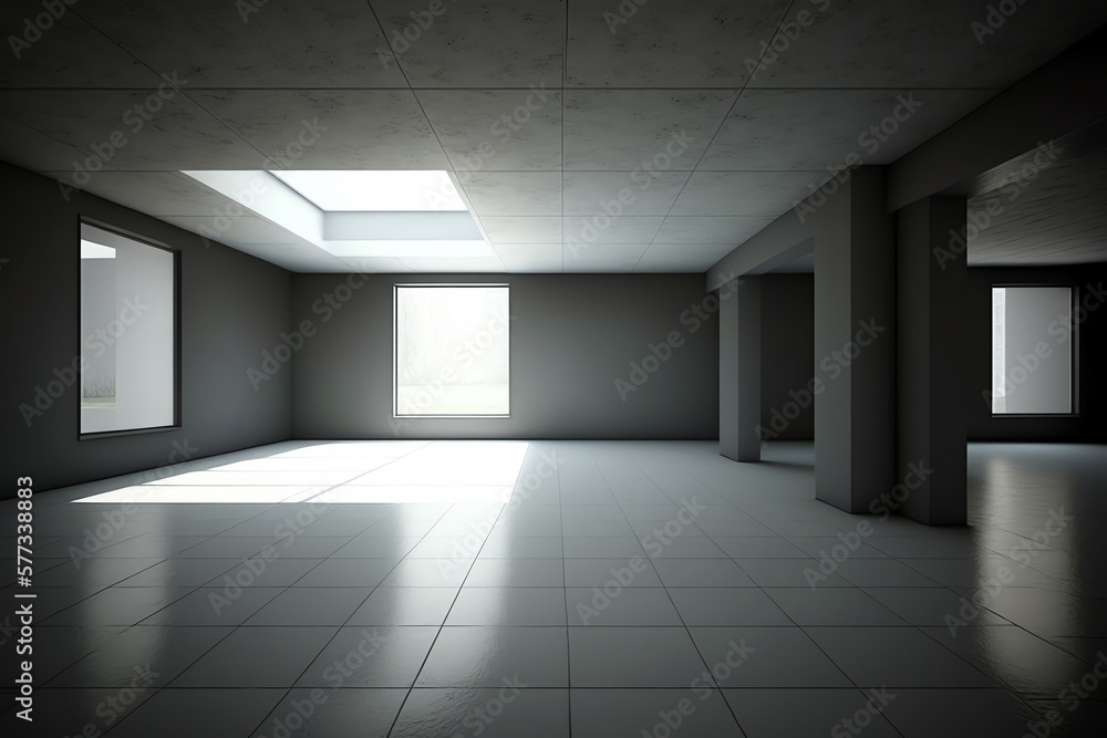 Obraz premium Empty big office interior. Modern spacious empty light hall room with big windows. ceramic tiles on the floor and lights. Generative AI