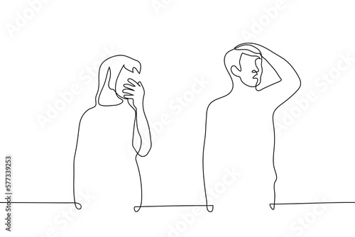 woman and man stand and look at something in great shock or fright - one line drawing vector. concept shocked audience, frightened parents