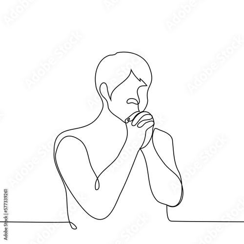 man put his hands together interlacing his fingers - one line drawing vector. concept pray or make a wish