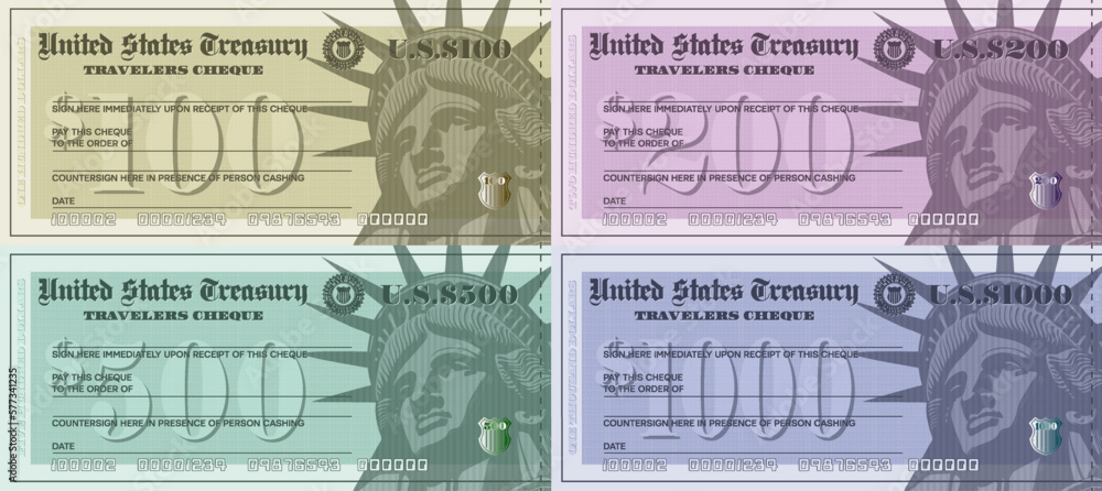 Vector set of fictitious color USA travelers cheques. The denomination of checks is 100, 200, 500 and 1000 dollars. Statue of Liberty head, seal and shield.