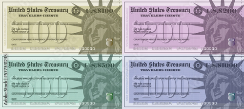 Vector set of fictitious color USA travelers cheques. The denomination of checks is 100, 200, 500 and 1000 dollars. Statue of Liberty head, seal and shield.