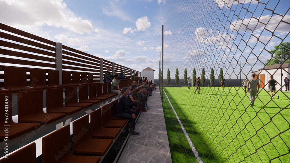 Fototapeta premium 3d rendering of a mini football - futsal - soccer field integrated with a restaurant and cafe illustration