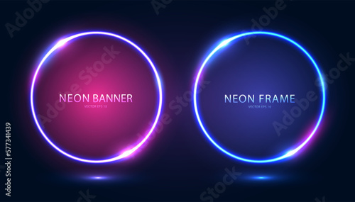 A set of round neon frames with shining effects and highlights on a dark background. Futuristic modern neon glowing banners. Vector EPS 10.