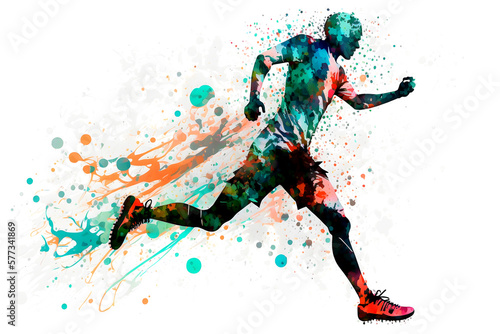 football soccer player in action with rrainbow watercolor splash. isolated white background. Neural network AI generated art photo