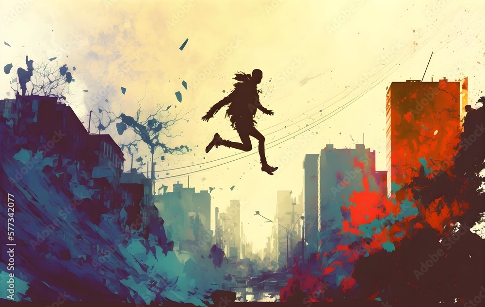man jumping on the roof in city with abstract grunge, illustration painting