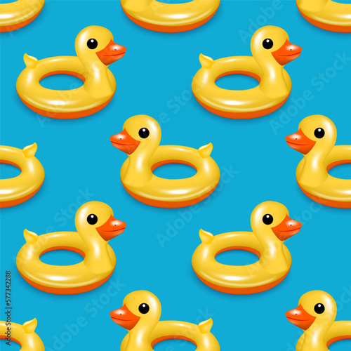  Yellow rubber duck toy for bathing children. Seamless pattern for children s design green vector background.