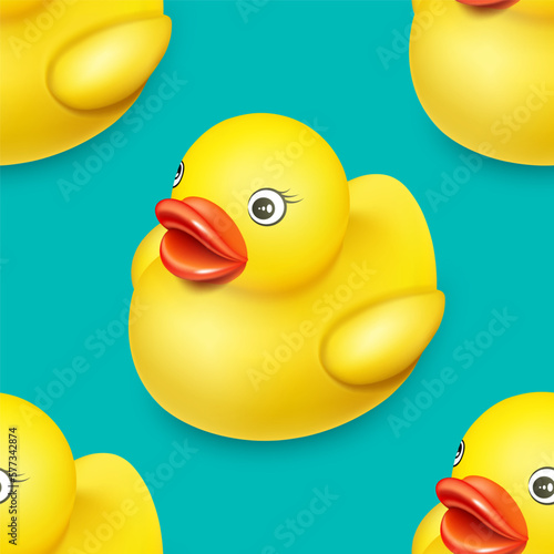 Yellow rubber duck toy for bathing children. Seamless pattern for children s design green vector background.