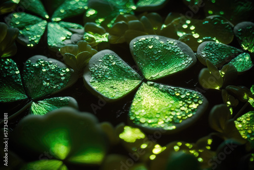 St. Patrick's Day abstract green background decorated with shamrock leaves. Patrick Day pub party celebrating. Abstract Border art design magic backdrop,generative ai.