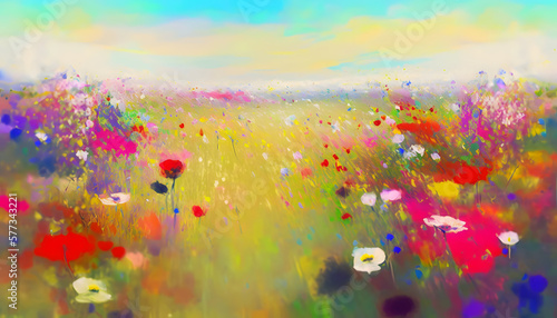 Colorful flower meadow, oil painting, generative AI © Anirut
