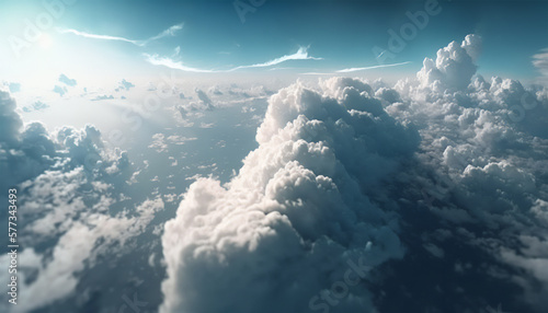 Beautiful aerial view of white clouds on a blue background. Generative AI © catalin